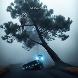 A book cover featuring an owl perched in the tall branches of a pine tree, gazing down at a foggy road