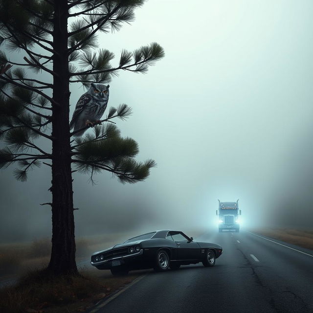 A book cover featuring an owl perched in the tall branches of a pine tree, gazing down at a foggy road