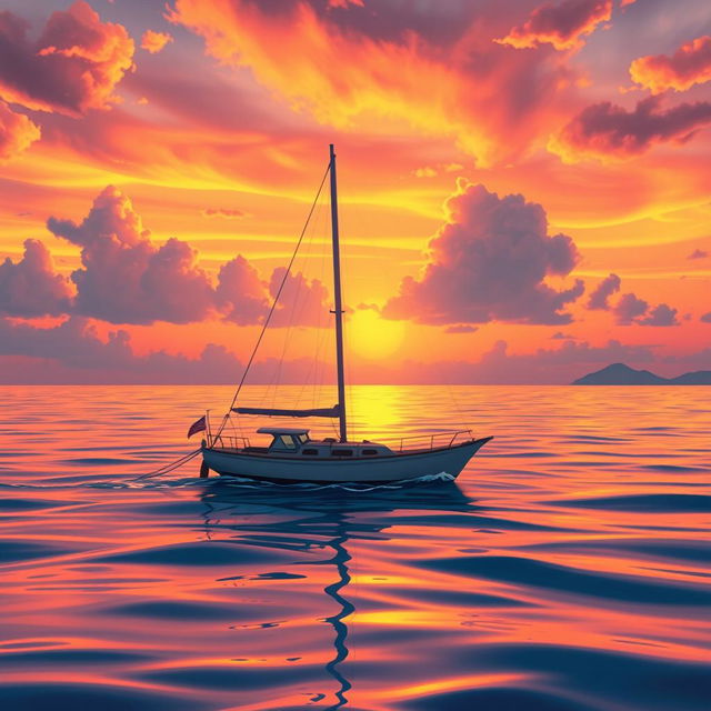 A vivid animation scene depicting a sailboat drifting aimlessly in the ocean, completely devoid of sails