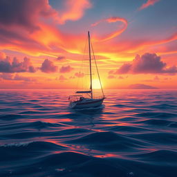 A vivid animation scene depicting a sailboat drifting aimlessly in the ocean, completely devoid of sails