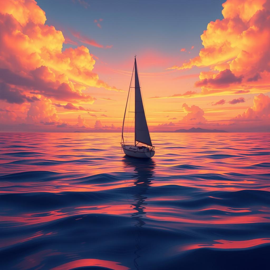 A vivid animation scene depicting a sailboat drifting aimlessly in the ocean, completely devoid of sails