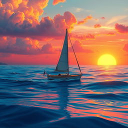 A vivid animation scene featuring a sailboat drifting aimlessly in a tranquil ocean, completely without sails