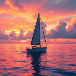 A vivid animation scene featuring a sailboat drifting aimlessly in a tranquil ocean, completely without sails