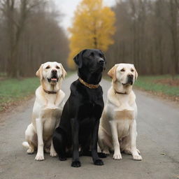 Scene from a movie featuring three Labrador dogs, one with a shiny black coat, one with a rich brown coat, and one with a golden yellow coat