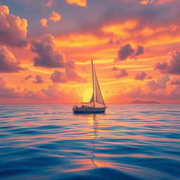 A vivid animation scene featuring a sailboat drifting aimlessly in a tranquil ocean, completely without sails