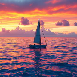 A vivid animation scene featuring a sailboat drifting aimlessly in a tranquil ocean, completely without sails