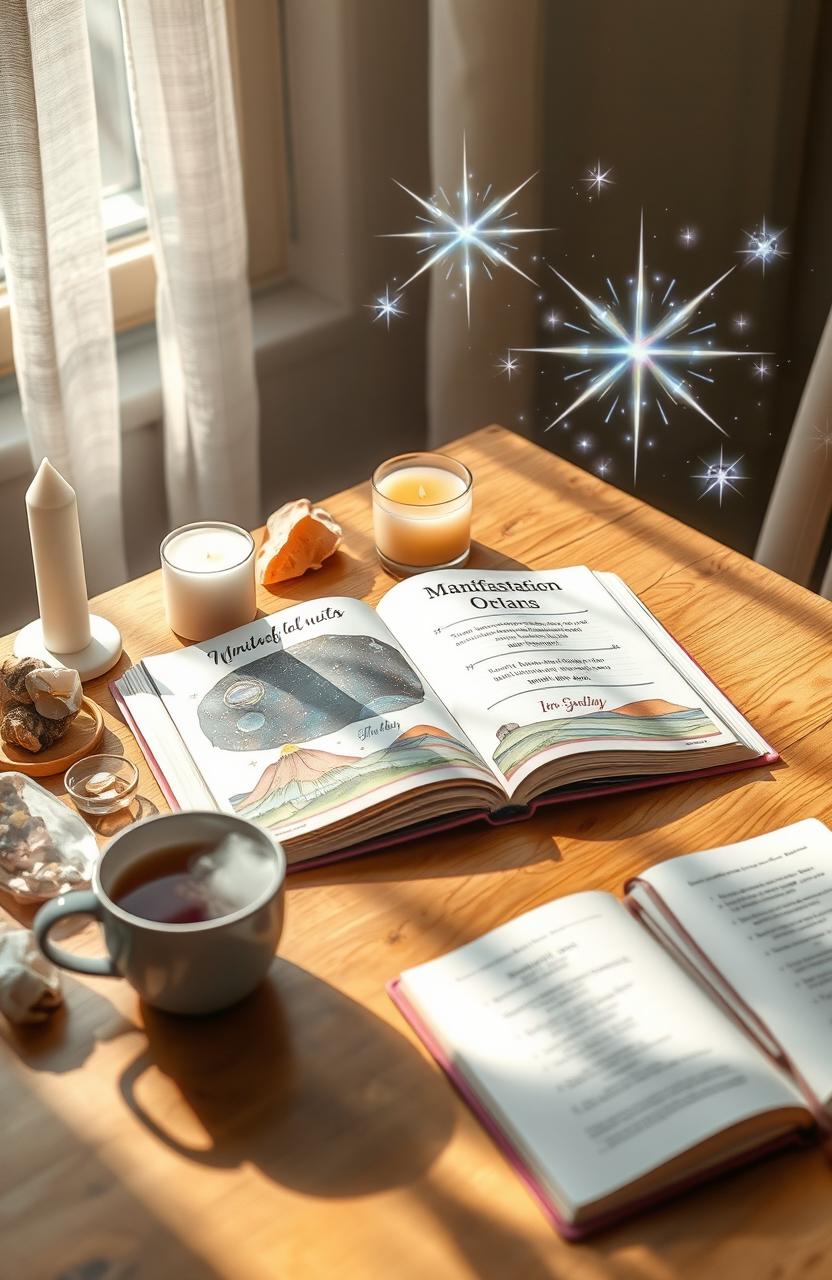 A beautifully designed manifestation guide open on a wooden table, surrounded by crystals, candles, and an open notebook filled with inspirational quotes