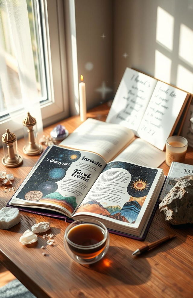 A beautifully designed manifestation guide open on a wooden table, surrounded by crystals, candles, and an open notebook filled with inspirational quotes