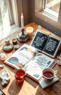 A beautifully designed manifestation guide open on a wooden table, surrounded by crystals, candles, and an open notebook filled with inspirational quotes