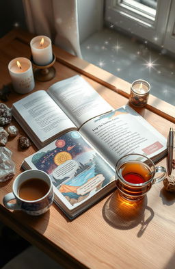 A beautifully designed manifestation guide open on a wooden table, surrounded by crystals, candles, and an open notebook filled with inspirational quotes