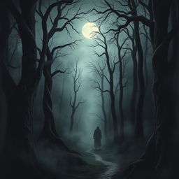 An ominous and chilling depiction from The Whispering Woods, featuring an overcast sky above a dense, dark forest filled with towering, twisted trees