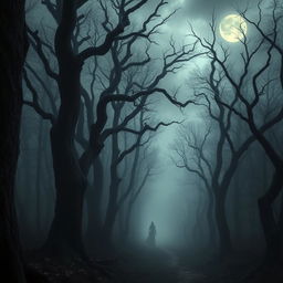 An ominous and chilling depiction from The Whispering Woods, featuring an overcast sky above a dense, dark forest filled with towering, twisted trees