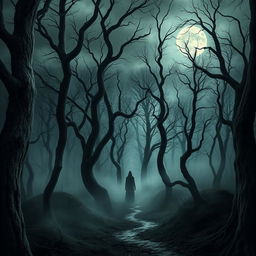 An ominous and chilling depiction from The Whispering Woods, featuring an overcast sky above a dense, dark forest filled with towering, twisted trees