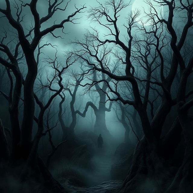 An ominous and chilling depiction from The Whispering Woods, featuring an overcast sky above a dense, dark forest filled with towering, twisted trees