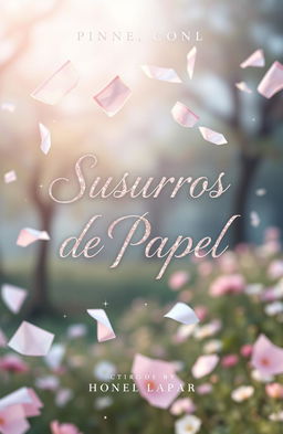 A magical and whimsical book cover for a novel titled 'Susurros de Papel'