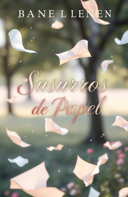 A magical and whimsical book cover for a novel titled 'Susurros de Papel'