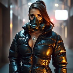 A stunning woman in a tight, shiny black heavy puffer suit that highlights her big bust and curvy figure