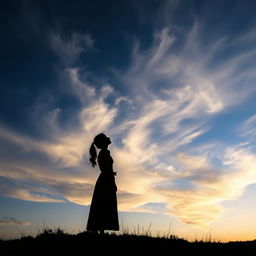 A silhouette of a young lady standing on a grassy hill, looking up at clouds swirling in the sky