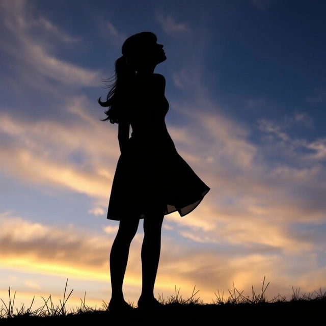 A silhouette of a young lady standing on a grassy hill, looking up at clouds swirling in the sky