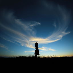 A silhouette of a young lady standing on a grassy hill, looking up at clouds swirling in the sky