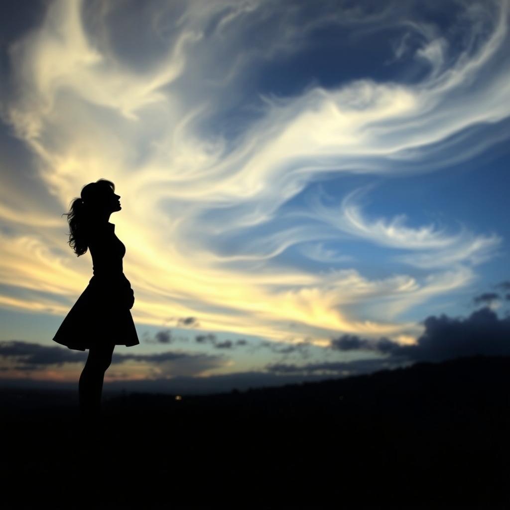 A silhouette of a young lady standing on a grassy hill, looking up at clouds swirling in the sky