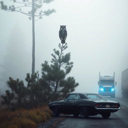 An owl perched majestically on the tall branches of a pine tree, overlooking a foggy road