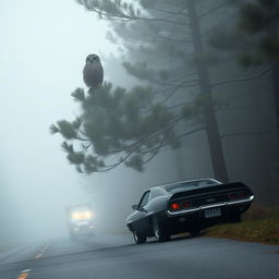 An owl perched majestically on the tall branches of a pine tree, overlooking a foggy road