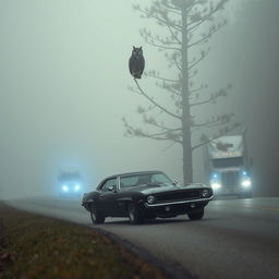 An owl perched majestically on the tall branches of a pine tree, overlooking a foggy road