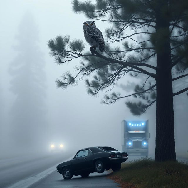 An owl perched majestically on the tall branches of a pine tree, overlooking a foggy road