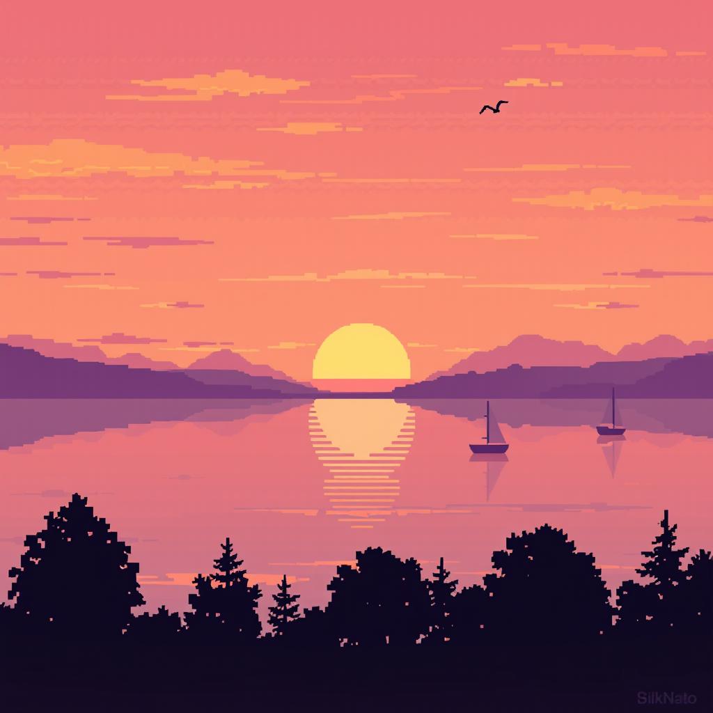 A nostalgic pixel art scene of a serene lakeside view during sunset, showcasing a tranquil lake reflecting the vibrant hues of orange, pink, and purple in the sky