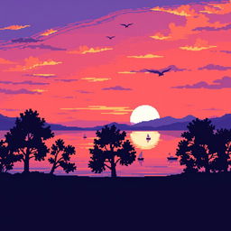 A nostalgic pixel art scene of a serene lakeside view during sunset, showcasing a tranquil lake reflecting the vibrant hues of orange, pink, and purple in the sky