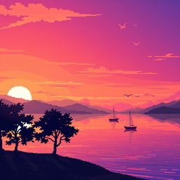 A nostalgic pixel art scene of a serene lakeside view during sunset, showcasing a tranquil lake reflecting the vibrant hues of orange, pink, and purple in the sky