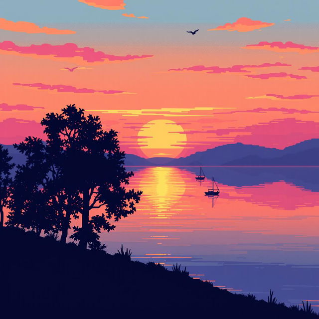 A nostalgic pixel art scene of a serene lakeside view during sunset, showcasing a tranquil lake reflecting the vibrant hues of orange, pink, and purple in the sky