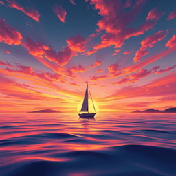A vivid animation scene showcasing a sailboat drifting aimlessly in the ocean, completely without sails