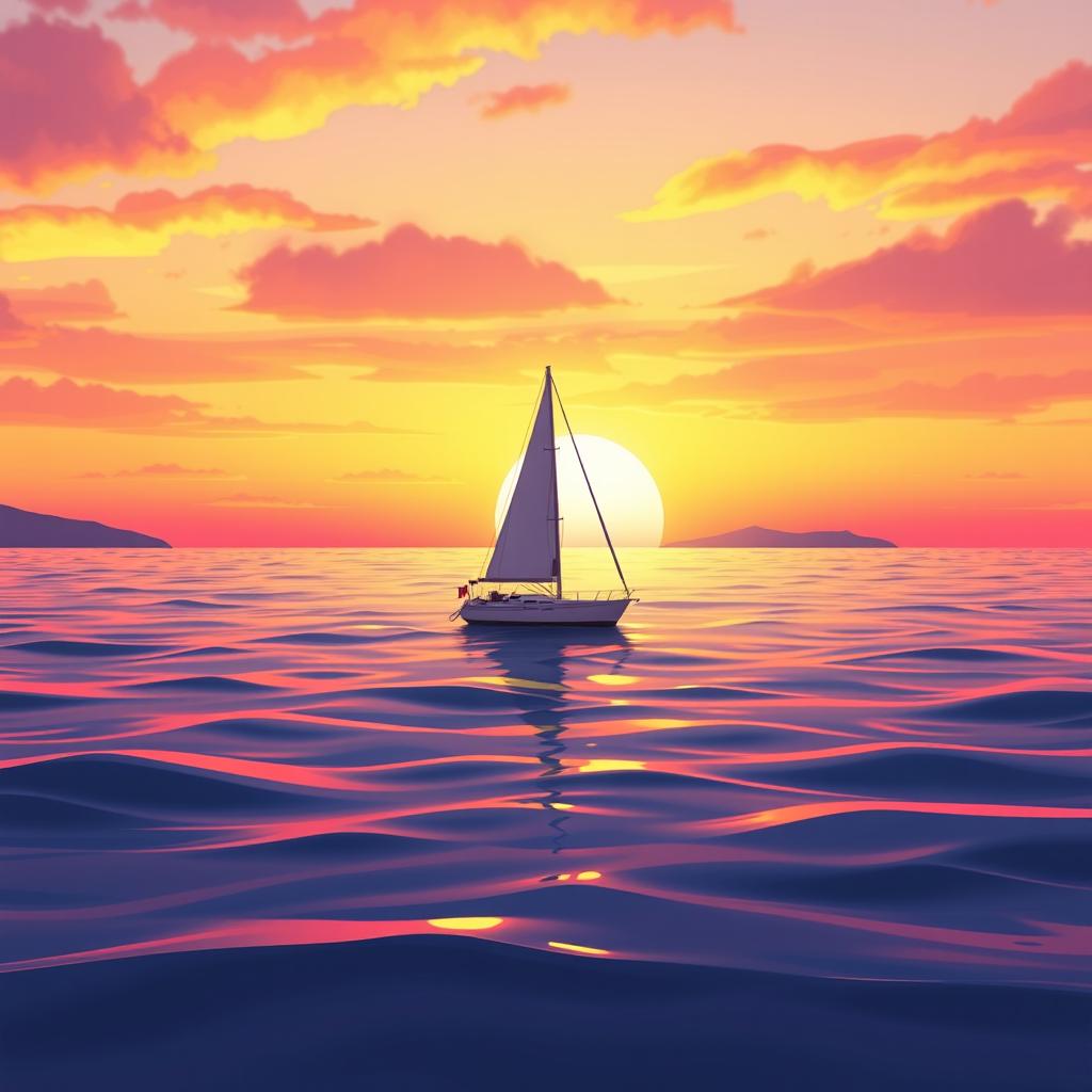 A vivid animation scene showcasing a sailboat drifting aimlessly in the ocean, completely without sails