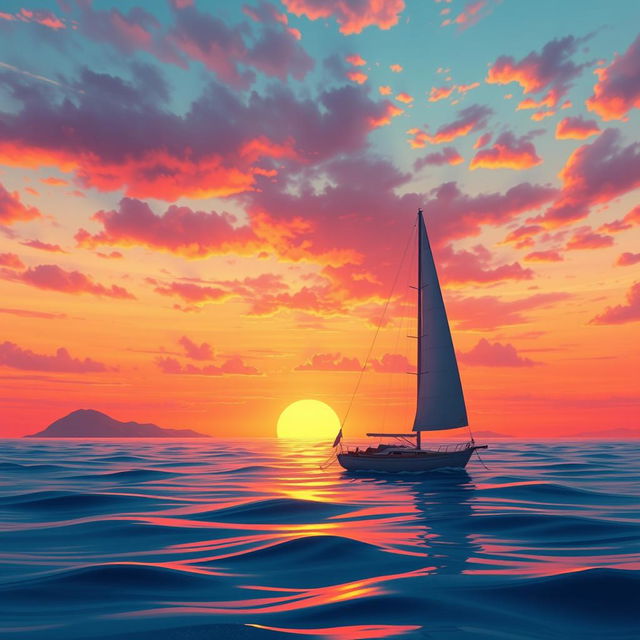 A vivid animation scene showcasing a sailboat drifting aimlessly in the ocean, completely without sails