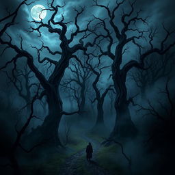 A haunting scene from The Whispering Woods, depicting a foreboding forest with towering, twisted trees that loom ominously against a dark, cloudy sky