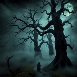 A haunting scene from The Whispering Woods, depicting a foreboding forest with towering, twisted trees that loom ominously against a dark, cloudy sky