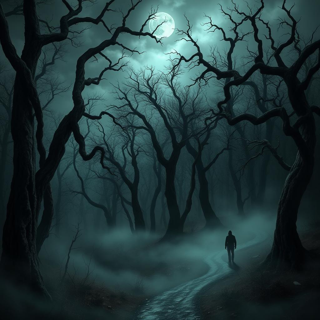 A haunting scene from The Whispering Woods, depicting a foreboding forest with towering, twisted trees that loom ominously against a dark, cloudy sky