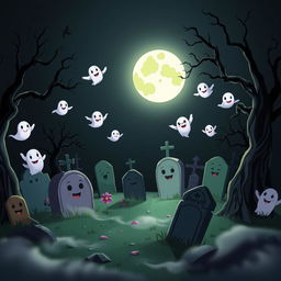 A dark, whimsical animated cemetery in a classic Disney style