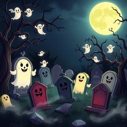 A dark, whimsical animated cemetery in a classic Disney style