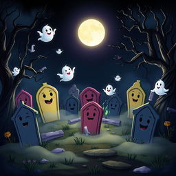 A dark, whimsical animated cemetery in a classic Disney style