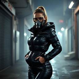 A strikingly attractive woman dressed in a tight, shiny black heavy puffer suit that showcases her prominent bust and curves