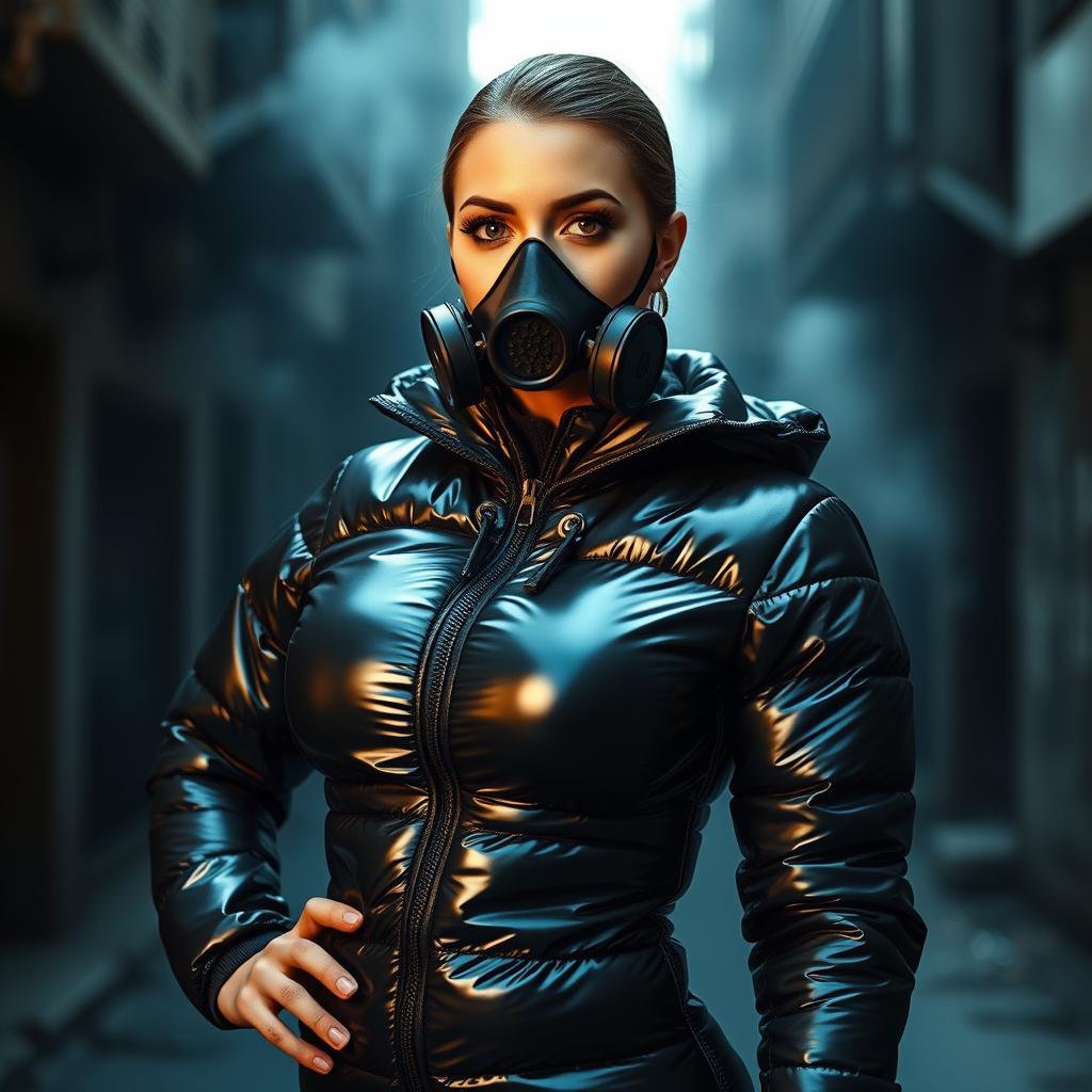 A strikingly attractive woman dressed in a tight, shiny black heavy puffer suit that showcases her prominent bust and curves