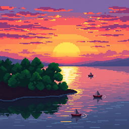 A nostalgic pixel art scene of a serene lakeside view during sunset, capturing the quaint beauty of the setting sun with vibrant hues of orange, pink, and purple coloring the sky