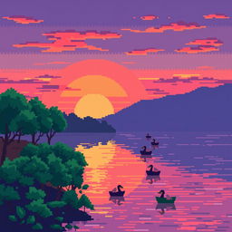 A nostalgic pixel art scene of a serene lakeside view during sunset, capturing the quaint beauty of the setting sun with vibrant hues of orange, pink, and purple coloring the sky