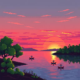 A nostalgic pixel art scene of a serene lakeside view during sunset, capturing the quaint beauty of the setting sun with vibrant hues of orange, pink, and purple coloring the sky