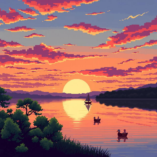 A nostalgic pixel art scene of a serene lakeside view during sunset, capturing the quaint beauty of the setting sun with vibrant hues of orange, pink, and purple coloring the sky