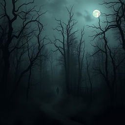 A haunting and atmospheric scene from The Whispering Woods, showcasing a dark, foreboding forest filled with tall, gnarled trees that seem to reach out with twisted branches