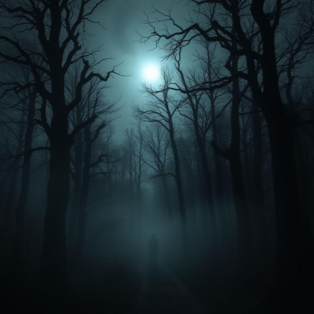 A haunting and atmospheric scene from The Whispering Woods, showcasing a dark, foreboding forest filled with tall, gnarled trees that seem to reach out with twisted branches